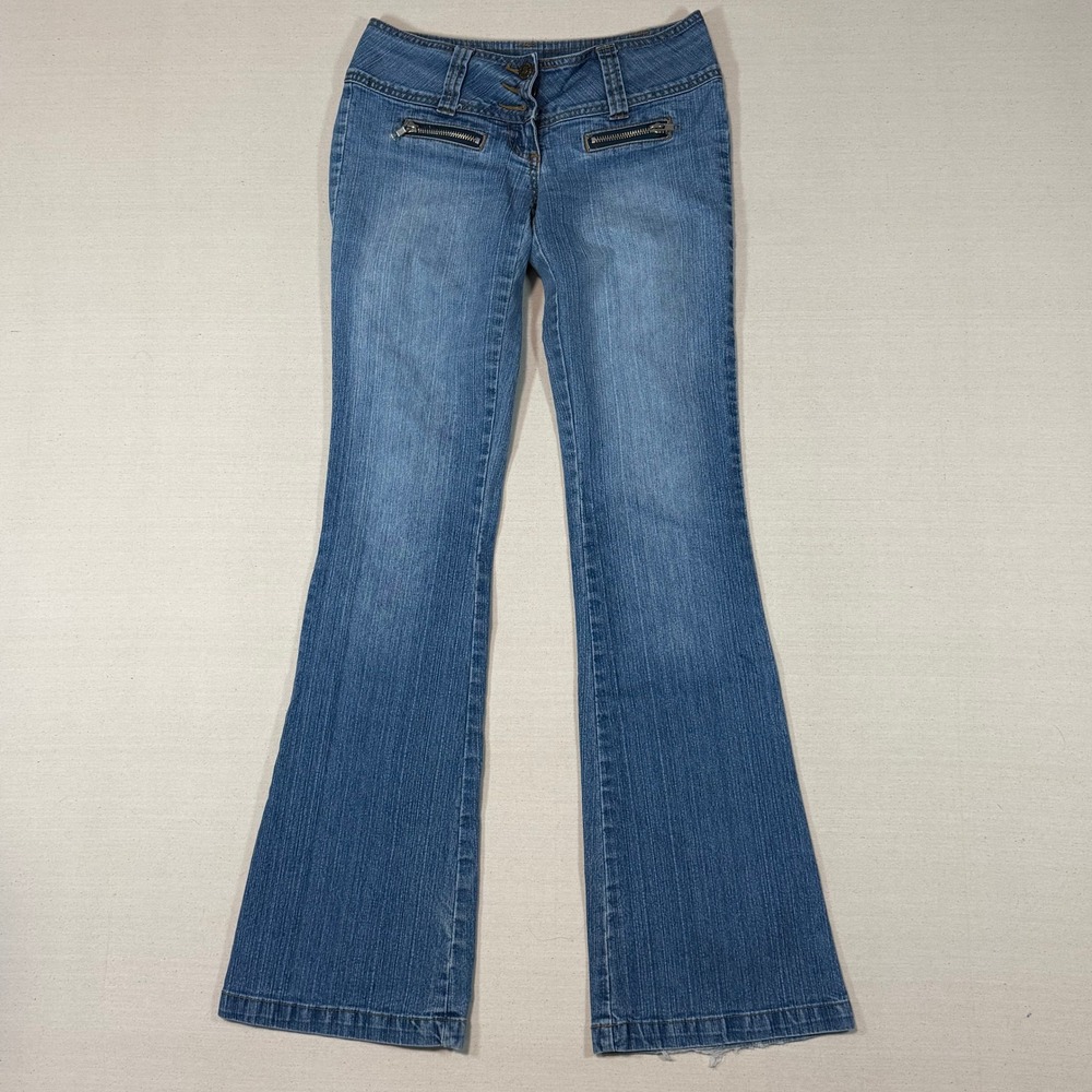 Seduction Womens Blue Flare Jeans Size 27x31.5 Low Rise Triple Button Y2K Denim